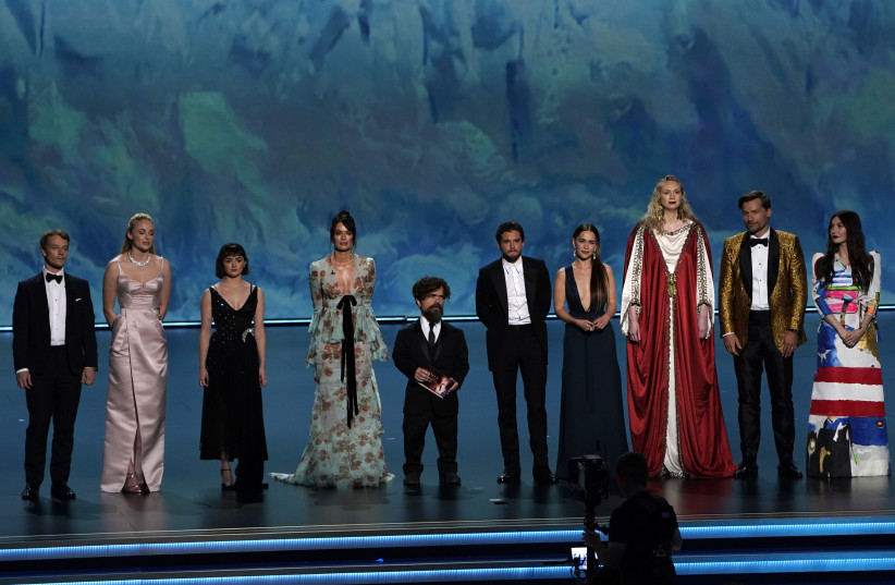 71st Primetime Emmy Awards - Show - Los Angeles, California, U.S., September 22, 2019. The cast of "Game of Thrones" stands on stage. (photo credit: MIKE BLAKE/ REUTERS)
