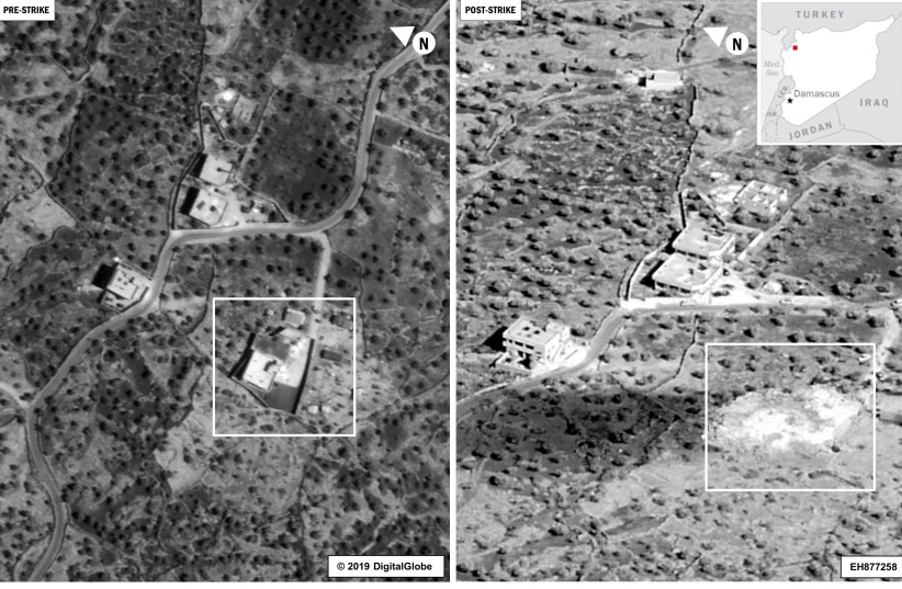 A side by side comparison of the compound of Islamic State leader Abu Bakr al-Baghdadi is seen before and after an air strike in the Idlib region of Syria October 26, 2019. Pictures taken October 26, 2019 (photo credit: U.S. DEPARTMENT OF DEFENSE/HANDOUT VIA REUTERS)