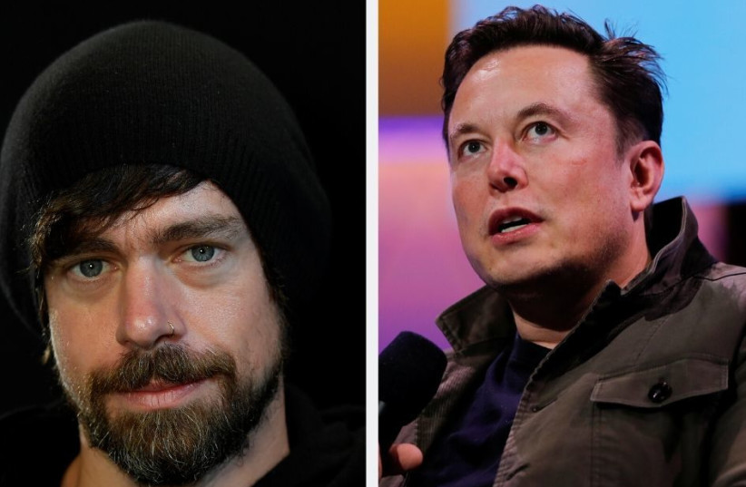 Jack Dorsey, co-founder of Twitter and fin-tech firm Square, sits for a portrait during an interview with Reuters in London, Britain, June 11, 2019;SpaceX owner and Tesla CEO Elon Musk speaks during a conversation with legendary game designer Todd Howard (not pictured) at the E3 gaming convention in (photo credit: REUTERS/MIKE BLAKE/TOBY MELVILLE)
