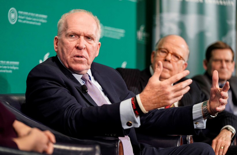 Former CIA director John Brennan speaks during a forum on election security titled, “2020 Vision: Intelligence and the U.S. Presidential Election” at the National Press Club in Washington, U.S., October 30, 2019 (photo credit: JOSHUA ROBERTS / REUTERS)