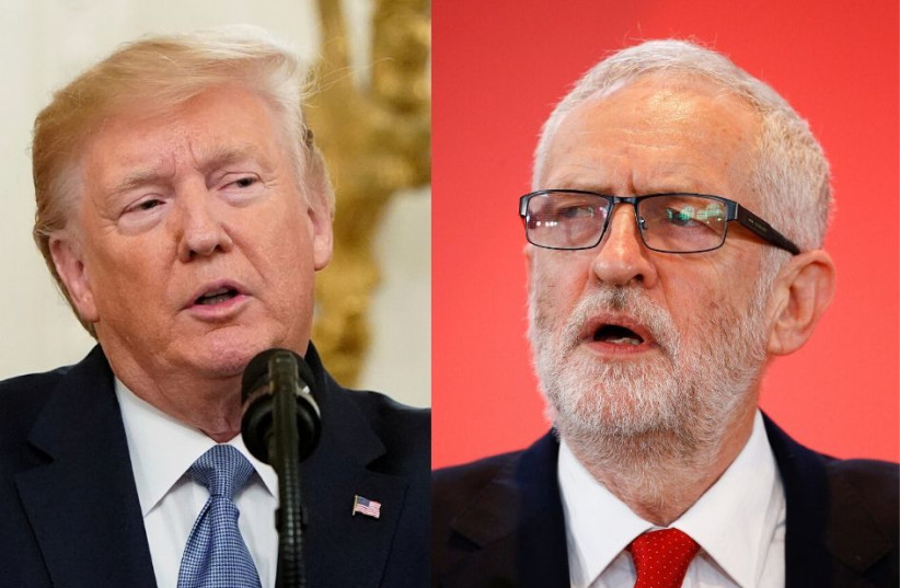 U.S. President Donald Trump and UK Labour Party leader Jeremy Corbyn (photo credit: REUTERS/JOSHUA ROBERTS/HENRY NICHOLLS)