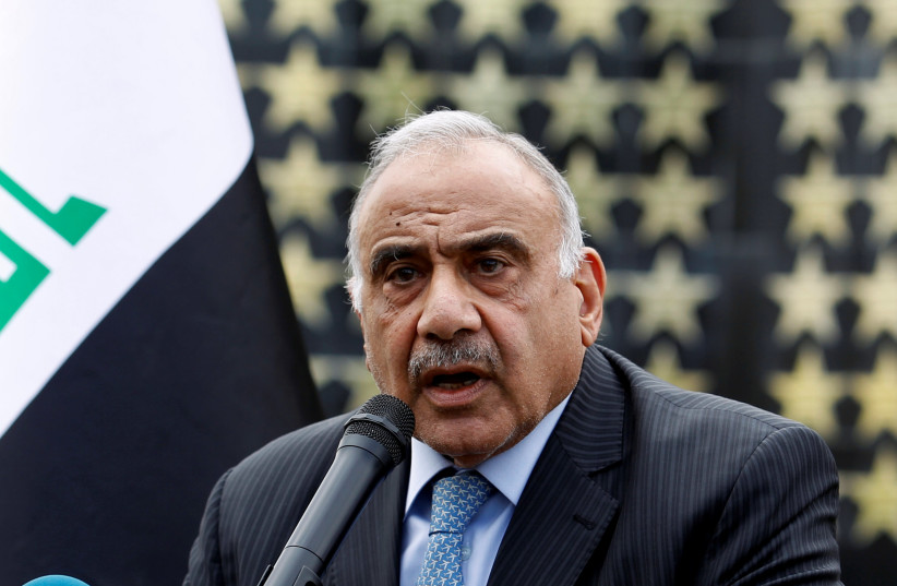 Iraqi Prime Minister Adel Abdul Mahdi speaks during a symbolic funeral ceremony of Major General Ali al-Lami, who commands the Iraqi Federal Police's Fourth Division, who was killed in Salahuddin, in Baghdad, Iraq October 23, 2019 (photo credit: REUTERS/KHALID AL MOUSILY)