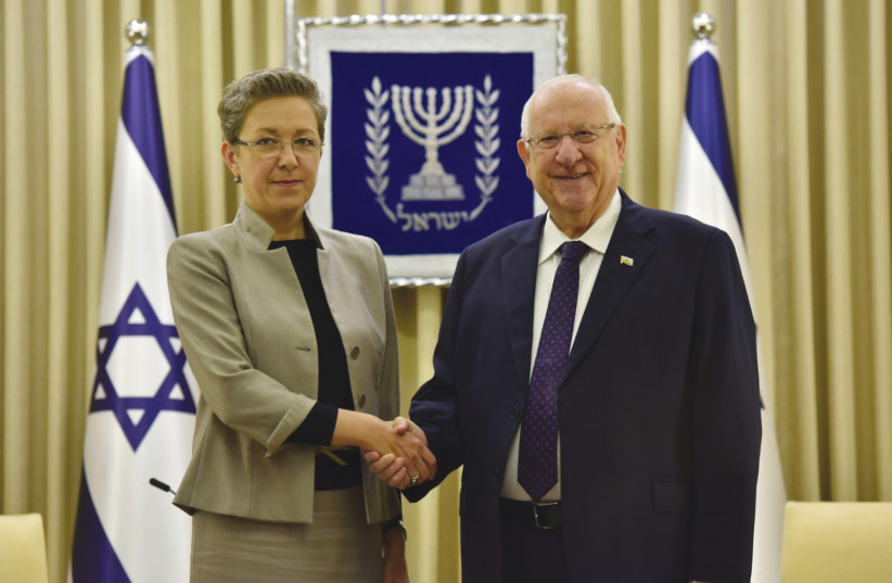  LITHUANIAN AMBASSADOR Lina Antanaviciene is greeted by President Reuven Rivlin in September.  (photo credit: MARK NEYMAN/GPO)