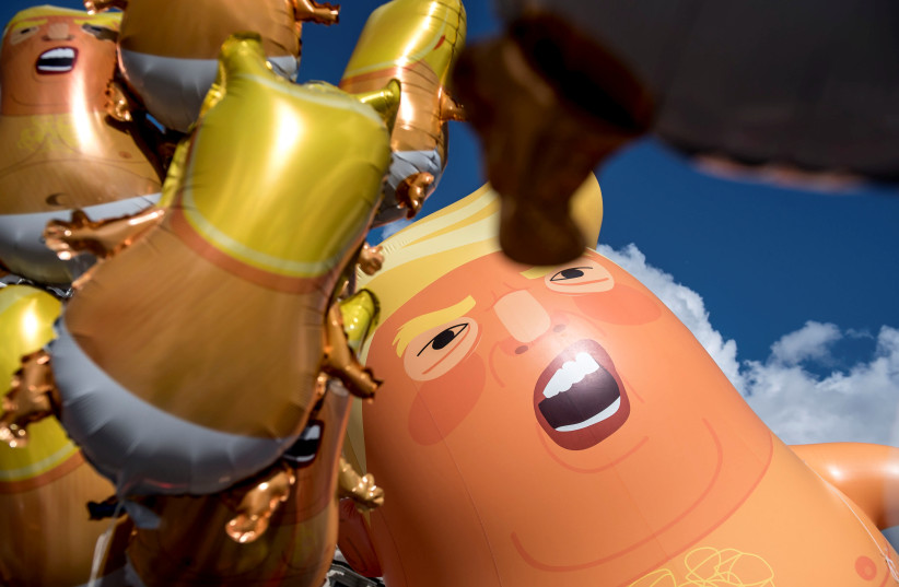 Baby Trump blimp flies at Kongens Nytorv, despite the fact that the U.S. President Donald Trump has cancelled his visit to Denmark, in Copenhagen, Denmark, September 2, 2019 (photo credit: RITZAU SCANPIX/VIA REUTERS)