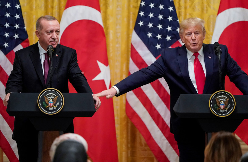 U.S. President Donald Trump and Turkey's President Tayyip Erdogan hold a joint news conference at the White House (photo credit: JOSHUA ROBERTS / REUTERS)