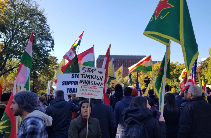 Hundreds gathered at Lafayette Park across from the White House on Wednesday to protest the visit by Turkey’s Recep Tayyip Erdoğan, 13 November 2019. (photo credit: JPOST STAFF)