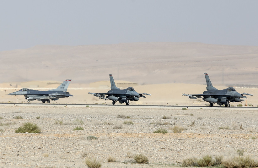 F-16 planes on the runway during the Blue Flag drill (photo credit: MARC ISRAEL SELLEM/THE JERUSALEM POST)