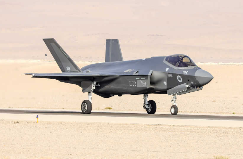 An F-35 on the runway during the Blue Flag drill (photo credit: MARC ISRAEL SELLEM/THE JERUSALEM POST)