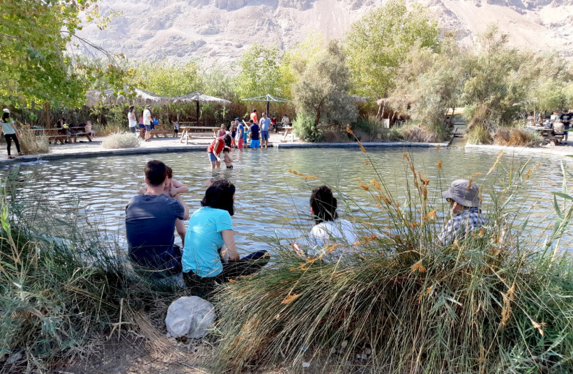 Bathers enjoy a visit to Einot Tzukim nature reserve (photo credit: ERAN KRUZEL / ISRAEL NATURE AND PARKS AUTHORITY)