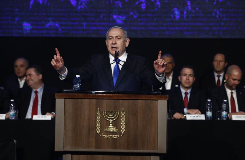 Prime Minister Benjamin Netanyahu at the Likud emergency event (photo credit: AVSHALOM SASSONI/MAARIV)