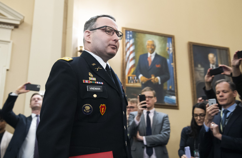 Lt. Col. Alexander Vindman arrives to testify at the House Intelligence Committee hearing on the impeachment inquiry of President Trump in Washington, D.C., Nov. 19, 2019.  (photo credit: TOM WILLIAMS/CQ ROLL CALL)