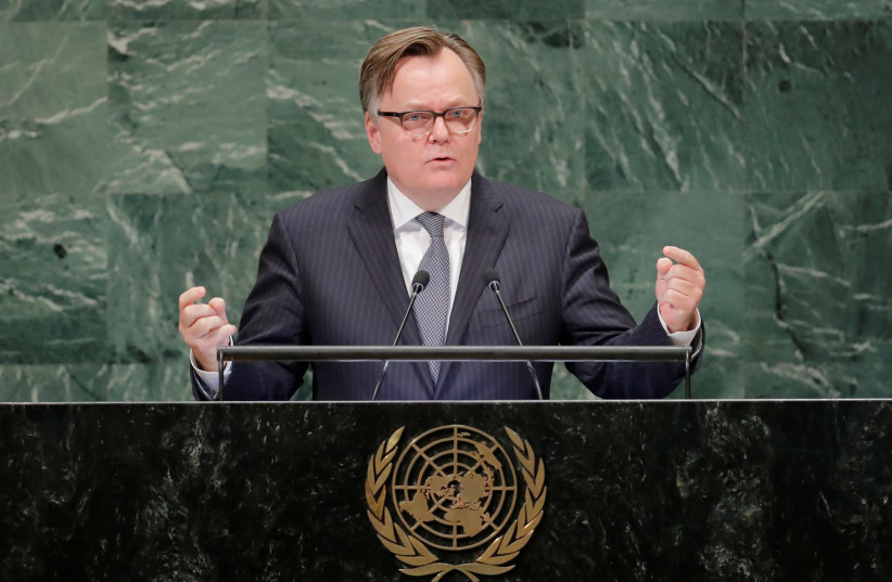 Chair of the Delegation of Canada Marc-Andre Blanchard addresses the 73rd session of the United Nations General Assembly at U.N. headquarters in New York, U.S., October 1, 2018 (photo credit: REUTERS/BRENDAN MCDERMID)