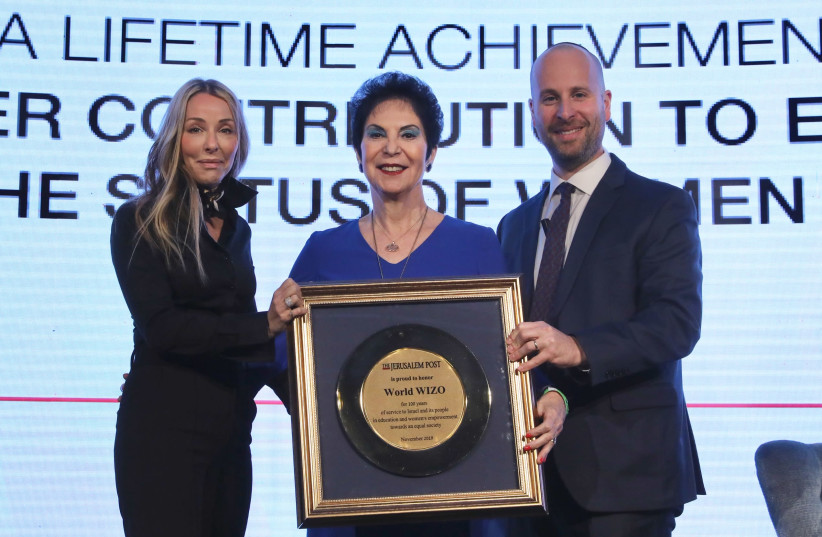 Prof. Rivka Lazovsky, chair of WIZO, is presented an award at The Jerusalem Post Diplomatic Conference. (photo credit: MARC ISRAEL SELLEM/THE JERUSALEM POST)