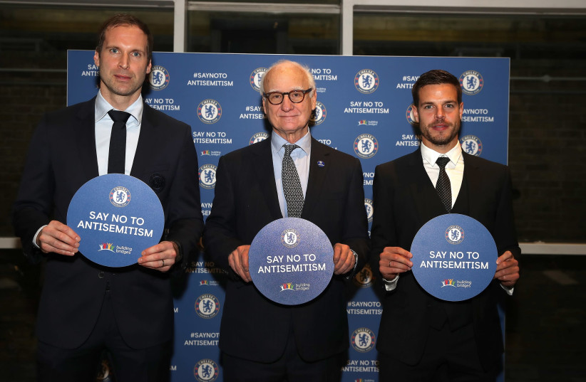 FROM LEFT TO RIGHT: Petr Cech, club chairman Bruce Buck, and captain Cesar Azpilicueta are part of Chelsea's ''Say No to Antisemitism'' campaign. (credit: CHELSEA FOOTBALL CLUB)
