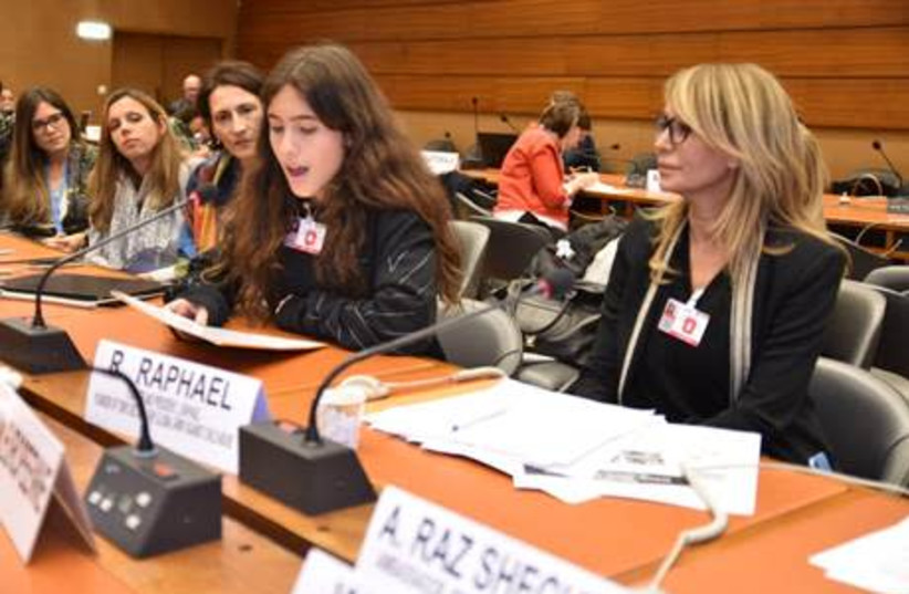 Ronit Raphael and her daughter, Sarah Raphael-Leitersdorf at speaking out against child sexual abuse at the UN in Geneva (photo credit: DAVID KLEIBER)