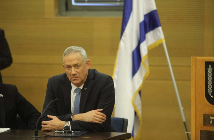 Blue and White leader Benny Gantz at a faction meeting in the Knesset (photo credit: MARC ISRAEL SELLEM/THE JERUSALEM POST)