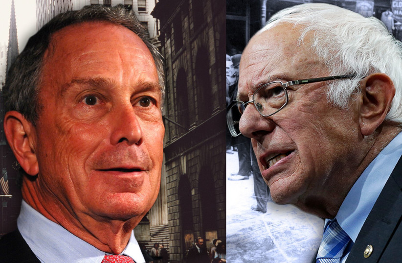 Mayor Michael Bloomberg and Sen. Bernie Sanders. Behind Bloomberg: Wall Street in the 1960s. Behind Sanders: Jewish salespeople on the Lower East Side of New York City in the 1890s. (photo credit: GETTY IMAGES/JTA MONTAGE)
