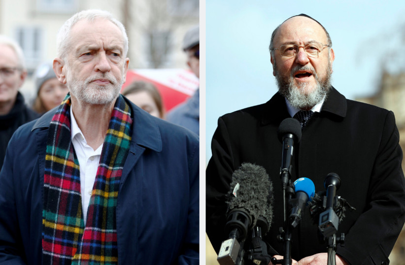 Labour leader Jeremy Corbyn and British Chief Rabbi Ephraim Mirvis (photo credit: REUTERS)