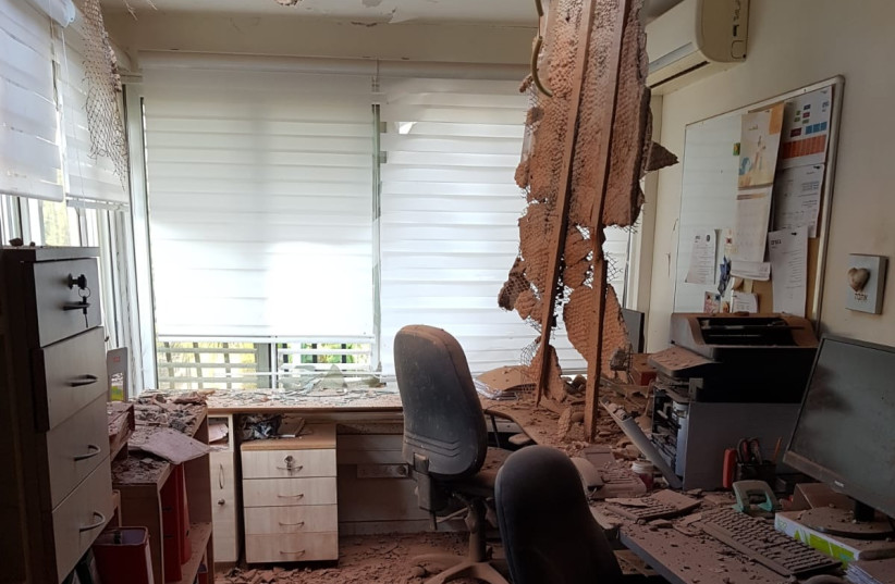 Aharon Ben-Porat’s office in Sderot following a rocket hit (photo credit: Courtesy)