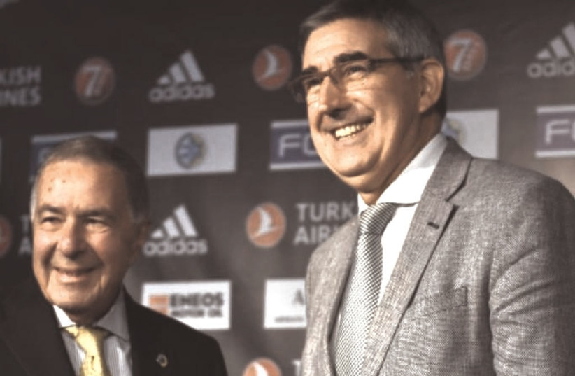 MACCABI TEL AVIV Chairman Shimon Mizrahi (left) has a good working relationship with Euroleague President Jordi Bertomeu (right), and the latter was recently in Israel to celebrate Mizrahi’s 80th birthday. (photo credit: DOV HALICKMAN PHOTOGRAPHY)