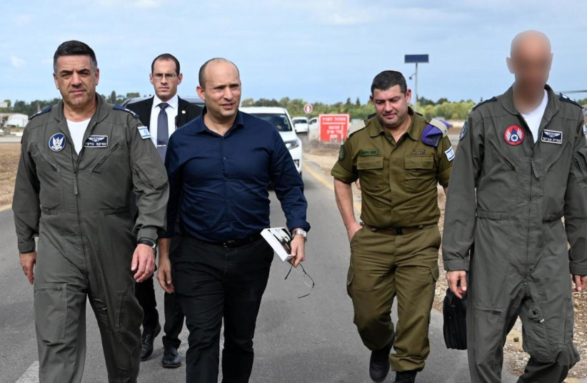 Defense Minister Naftali Bennett visits Hatzor airbase, December 3, 2019 (photo credit: ARIEL HERMONI / DEFENSE MINISTRY)