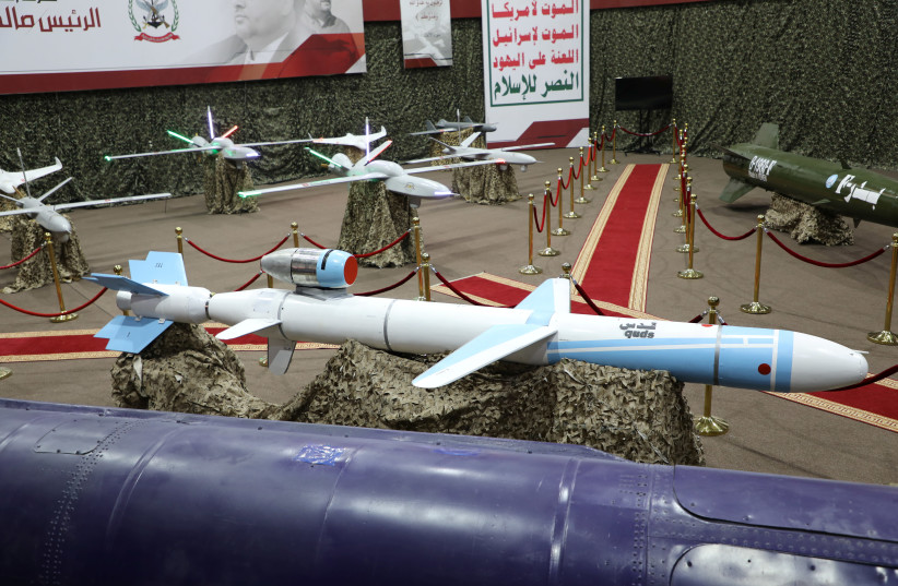 Missiles and drone aircrafts are seen on display at an exhibition at an unidentified location in Yemen in this undated handout photo released by the Houthi Media Office (photo credit: HOUTHI MEDIA OFFICE/HANDOUT VIA REUTERS)