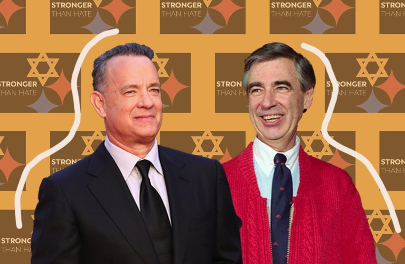 Tom Hanks, left, and Mister Rogers, whom he portrays in a film about the famed TV show host.  (photo credit: GETTY IMAGES/JTA MONTAGE)