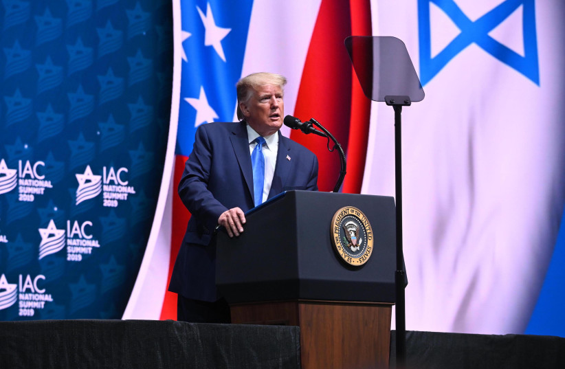 US President Donald Trump speaks at the Israeli-American Council 2019 Summit. (photo credit: ISRAEL-AMERICAN COUNCIL)