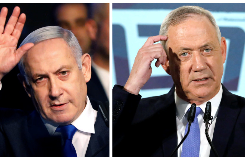 A combination picture shows Israeli Prime Minister Benjamin Netanyahu in Tel Aviv, Israel November 17, 2019, and leader of Blue and White party Benny Gantz in Tel Aviv, Israel November 20, 2019 (photo credit: REUTERS//NIR ELIAS/AMIR COHEN)