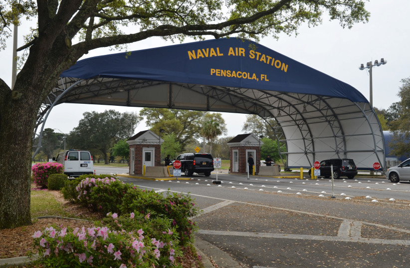 The main gate at Naval Air Station Pensacola is seen on Navy Boulevard in Pensacola, Florida, U.S. March 16, 2016. Picture taken March 16, 2016 (photo credit: U.S. NAVY/PATRICK NICHOLS/HANDOUT VIA REUTERS)