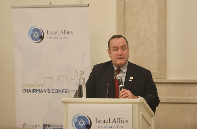 Guatemala's president-elect, Alejandro Giammattei, speaks at an Israel Allies Foundation conference, December 9 2019 (photo credit: MARC ISRAEL SELLEM/THE JERUSALEM POST)