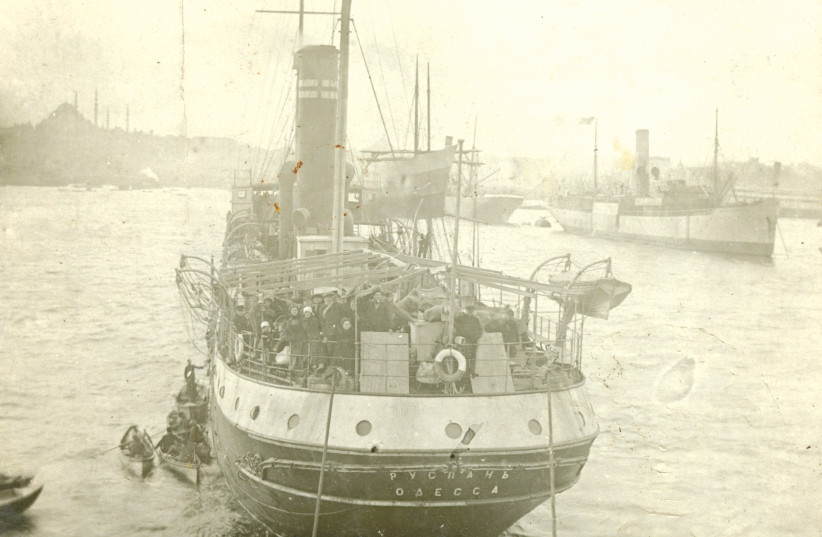 THE ‘RUSLAN’ anchors at the port of Istanbul on its way from Odessa to Israel in 1919.  (photo credit: JABOTINSKY INSTITUTE IN ISRAEL)