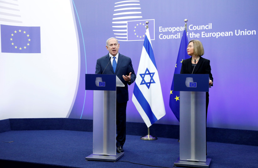 Israel's PM Netanyahu and EU foreign policy chief Mogherini brief the media in Brussels (photo credit: REUTERS)