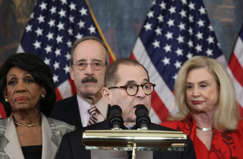 House Judiciary Chairman Jerrold Nadler (D-NY) stands with House Financial Services Chairwoman Maxine Waters (D-CA); House Foreign Affairs Chairman Eliot Engel (D-NY); House Oversight and Reform Chairwoman Carolyn Maloney (D-NY) and other House committee chairs at a news conference to announce artii (photo credit: REUTERS/JONATHAN ERNST)