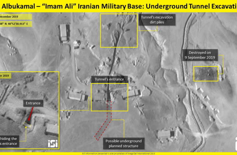 Close aerial view of the Imam Ali Iranian military base in Syria where Iran is excavating underground tunnels (photo credit: IMAGESAT INTERNATIONAL (ISI))