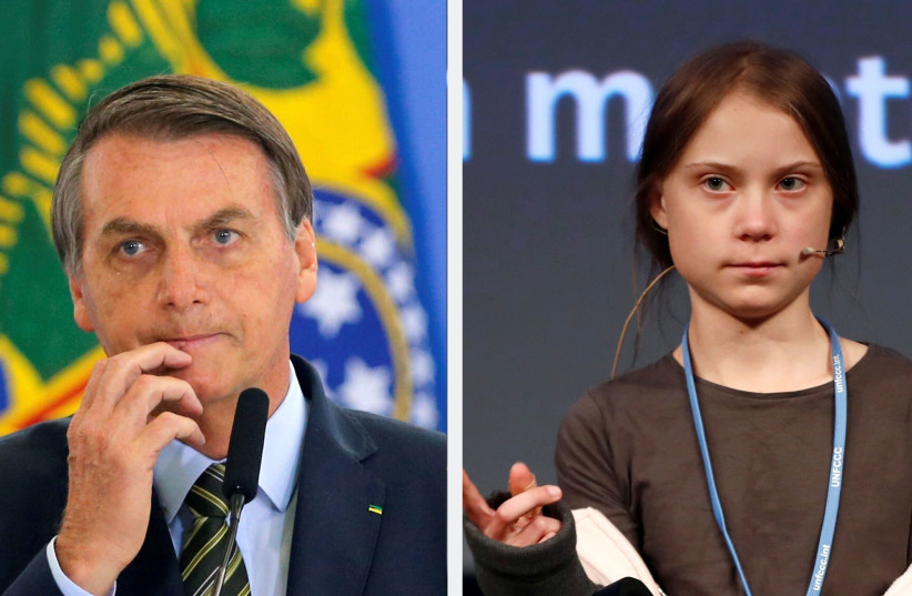 Brazil's President Jair Bolsonaro attends a promotion ceremony for generals of the armed forces, at the Planalto Palace in Brasilia, Brazil December 9, 2019; Climate change activist Greta Thunberg attends a news conference, before a climate change protest march, as COP25 climate summit is held in Ma (photo credit: REUTERS/ADRIANO MACHADO/SERGIO PEREZ)