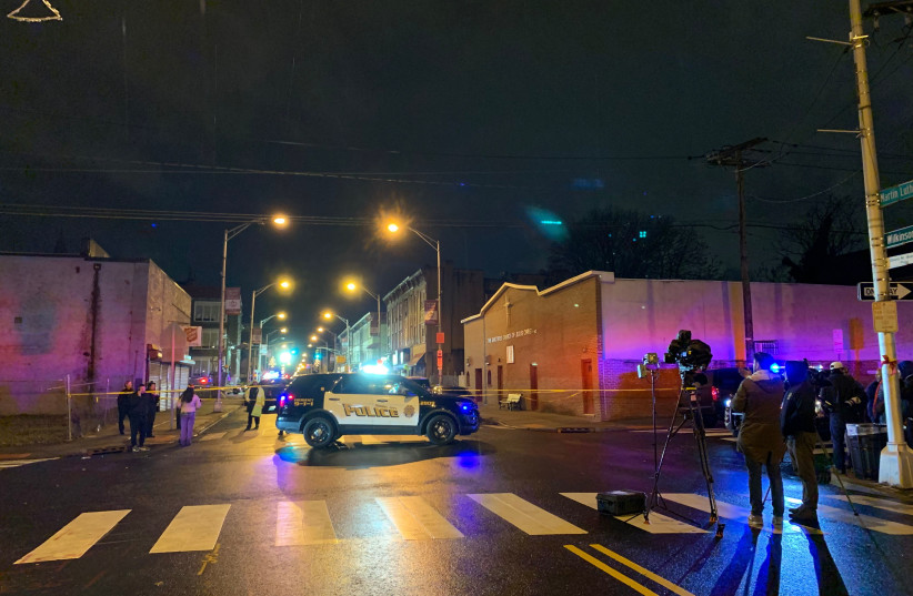 The scene near the site of a shootout between two gunmen and police at a kosher supermarket in Jersey City, N.J., Dec. 10, 2019.  (photo credit: JOSEFIN DOLSTEN/JTA)