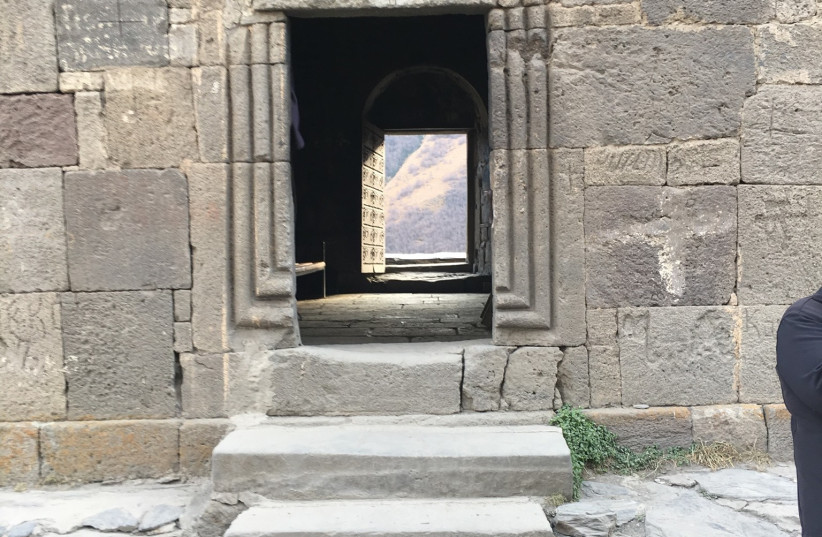 A PEEKABOO view from the Gergeti Trinity Church, at an elevation of 2,170 meters. (photo credit: ERICA SCHACHNE)