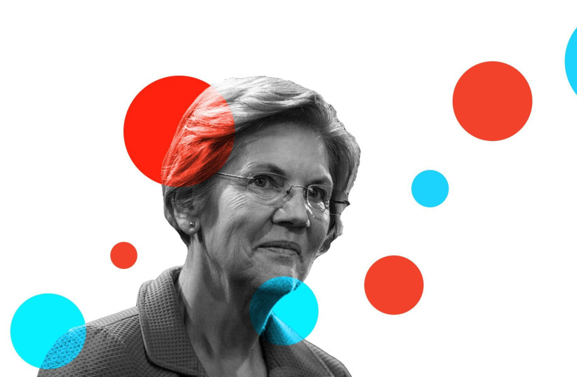 Elizabeth Warren is one of the frontrunners to be the Democratic nominee. (photo credit: JTA/ZACH GIBSON/GETTY IMAGES; DESIGN BY GRACE YAGEL)