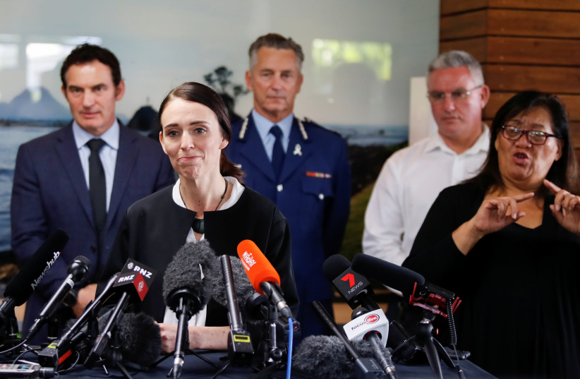 New Zealand's Prime Minister Jacinda Ardern addresses the media in the aftermath of the eruption of White Island volcano, also known by its Maori name Whakaari, at Whakatane, New Zealand December 13, 2019 (photo credit: REUTERS/JORGE SILVA)