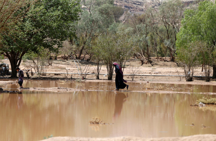 A boy and a woman walk in an area flooded by rain in a village near Sanaa (photo credit: REUTERS)