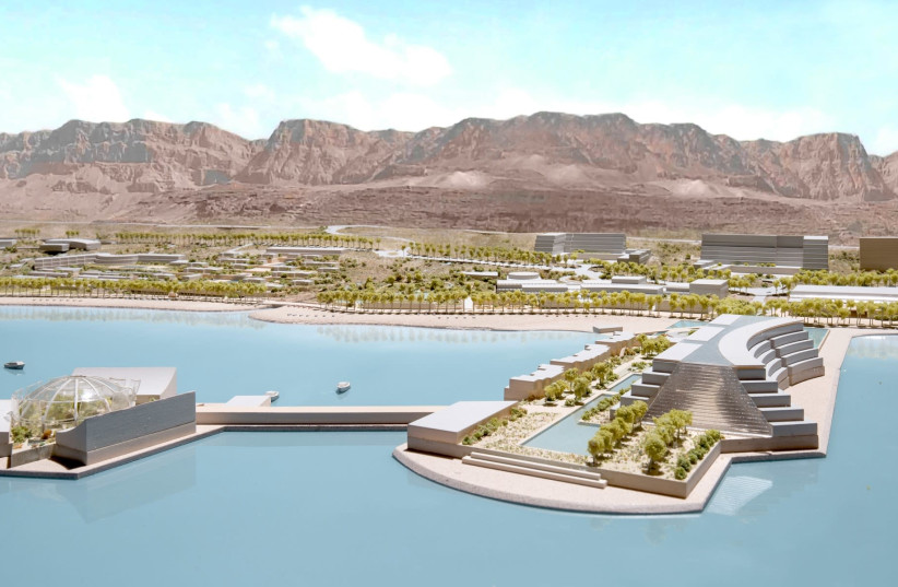 An illustration of new hotels due to be constructed at the Dead Sea (photo credit: MOSHE SAFDIE ARCHITECTS LTD.)