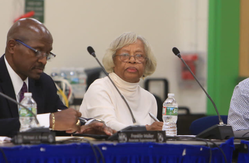 Jersey City Board of Education member Joan Terrell-Paige, seen at a meeting on Feb. 4, 2019, was critical of the city's Hasidic community in a Facebook post. (photo credit: MICHAEL DEMPSEY/THE JERSEY JOURNAL/TNS)
