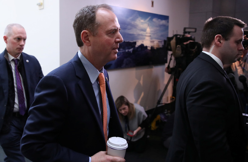 Congressman Adam Schiff is seen leaving a meeting in Washington. (photo credit: REUTERS)