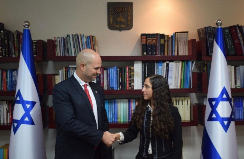 Justice Minister Amir Ohana with Attorney Orli Ben-Ari, his choice to replace State Attorney Shai Nitzan (photo credit: JUSTICE MINISTRY)