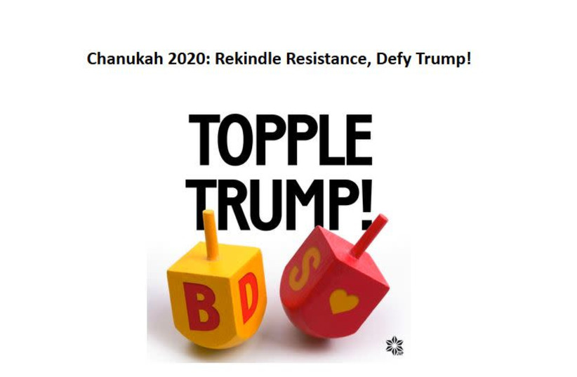 Jewish Voice for Peace's toolkit opens with an image that says "Topple Trump" with dreidels that spell out BDS (photo credit: screenshot)