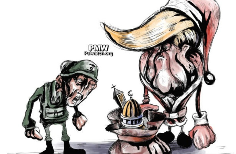 A Palestinian Authority cartoon in which Donald Trump is in a Santa Claus suit giving the Dome of the Rock and the Church of the Holy Sepulchre to Israel (photo credit: PALESTINIAN MEDIA WATCH)