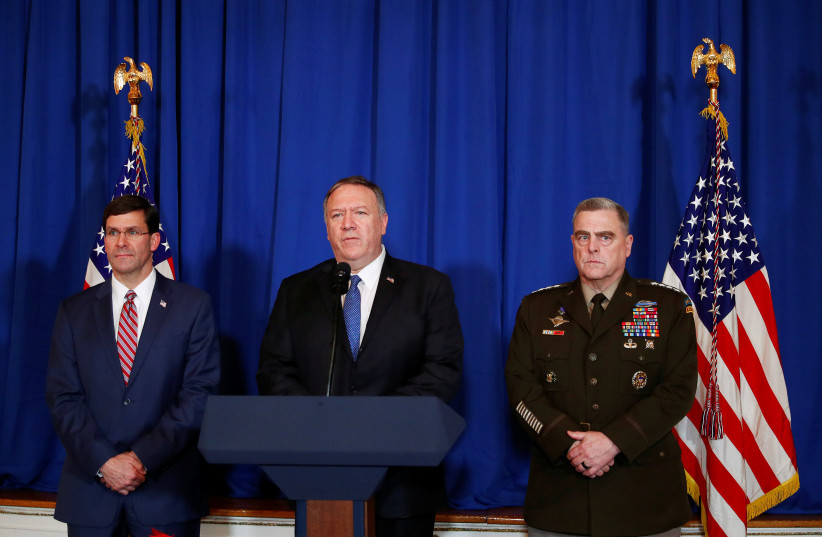 US Secretary of State Mike Pompeo speaks about airstrikes by the US military in Iraq and Syria, at the Mar-a-Lago resort in Palm Beach, Florida (photo credit: REUTERS//TOM BRENNER)