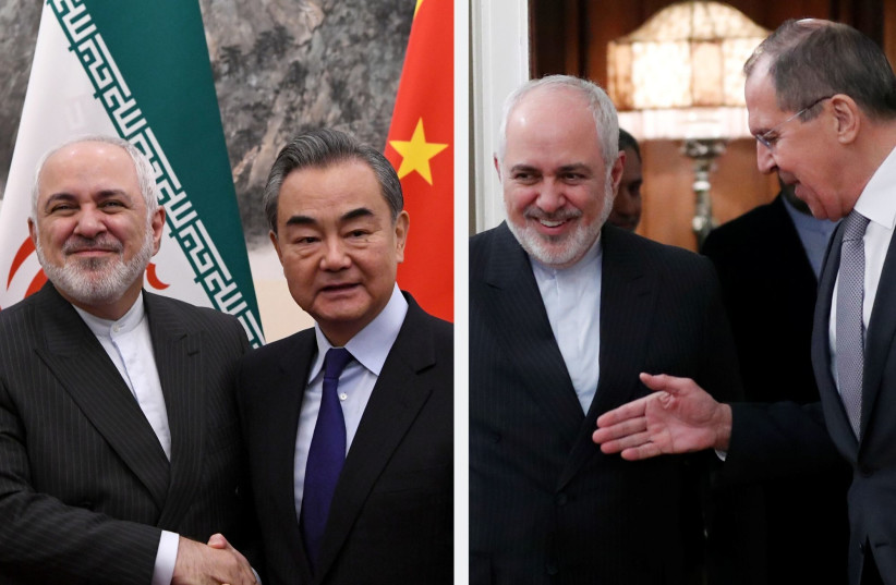 China's Foreign Minister Wang Yi shakes hands with Iran's Foreign Minister Mohammad Javad Zarif during a meeting at the Diaoyutai state guest house in Beijing, China December 31, 2019;Russia's Foreign Minister Sergei Lavrov and Iran's Foreign Minister Mohammad Javad Zarif react as they arrive for a  (photo credit: REUTERS/EVGENIA NOVOZHENINA/NOEL CELIS/POOL)