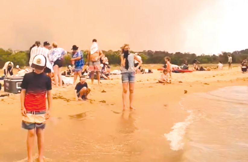 A CROWD OF people at the beach yesterday evacuate from the bushfires at Batemans Bay, Australi (photo credit: REUTERS)